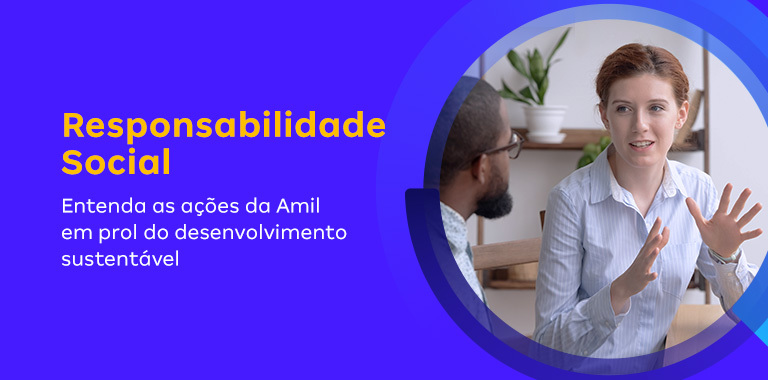 Banner com fundo azul e imagem  de duas pessoas conversando