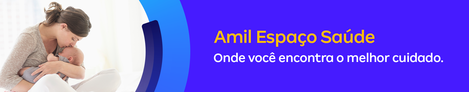 Banner com fundo azul com a imagem de uma mãe cuidando de um bebê.